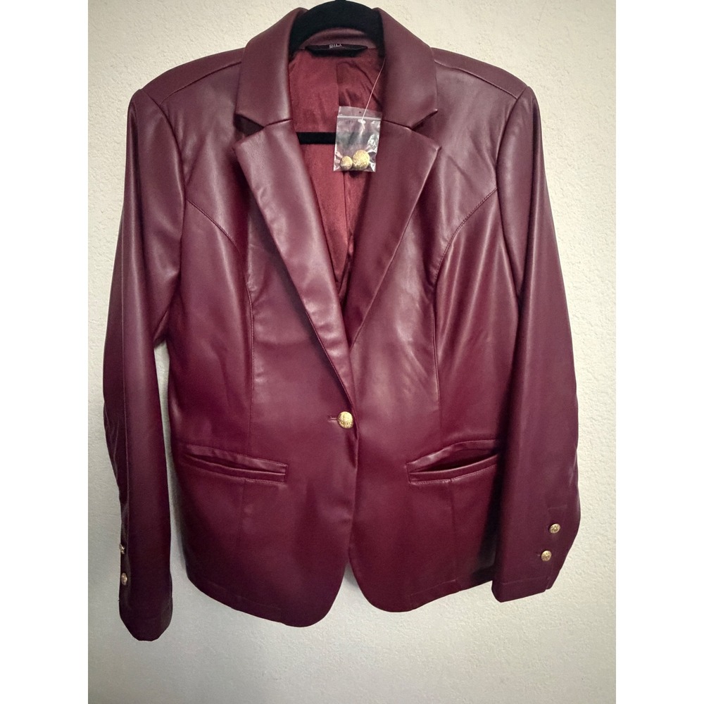 G.I.L.I. Burgundy Faux Leather Blazer Gold Crest Buttons Size 6 Wine Maroon